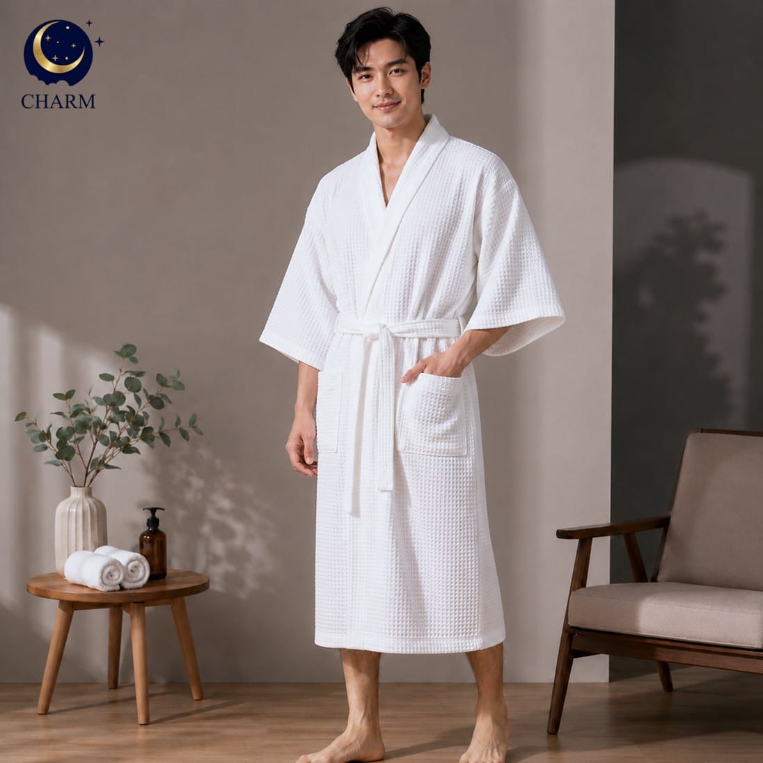 ชุดคลุมอาบน้ำ CHARM รุ่น WAFFLE ผ้าคอตตอน 100% เกรดโรงแรม ฟรีไซซ์ สีขาว_3